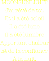 MOONSUNLIGHT
J'ai rêvé de toi.
Et il a été soleil
Il a été lune
Il a été lumière
Apportant chaleur
Et de la confiance
À la nuit.
